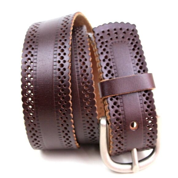 PERFORATION CUT OUT BROWN GENUINE LEATHER 1.5"Wd CASUAL WOMEN'S BELT Sz L (F20 - Picture 1 of 11